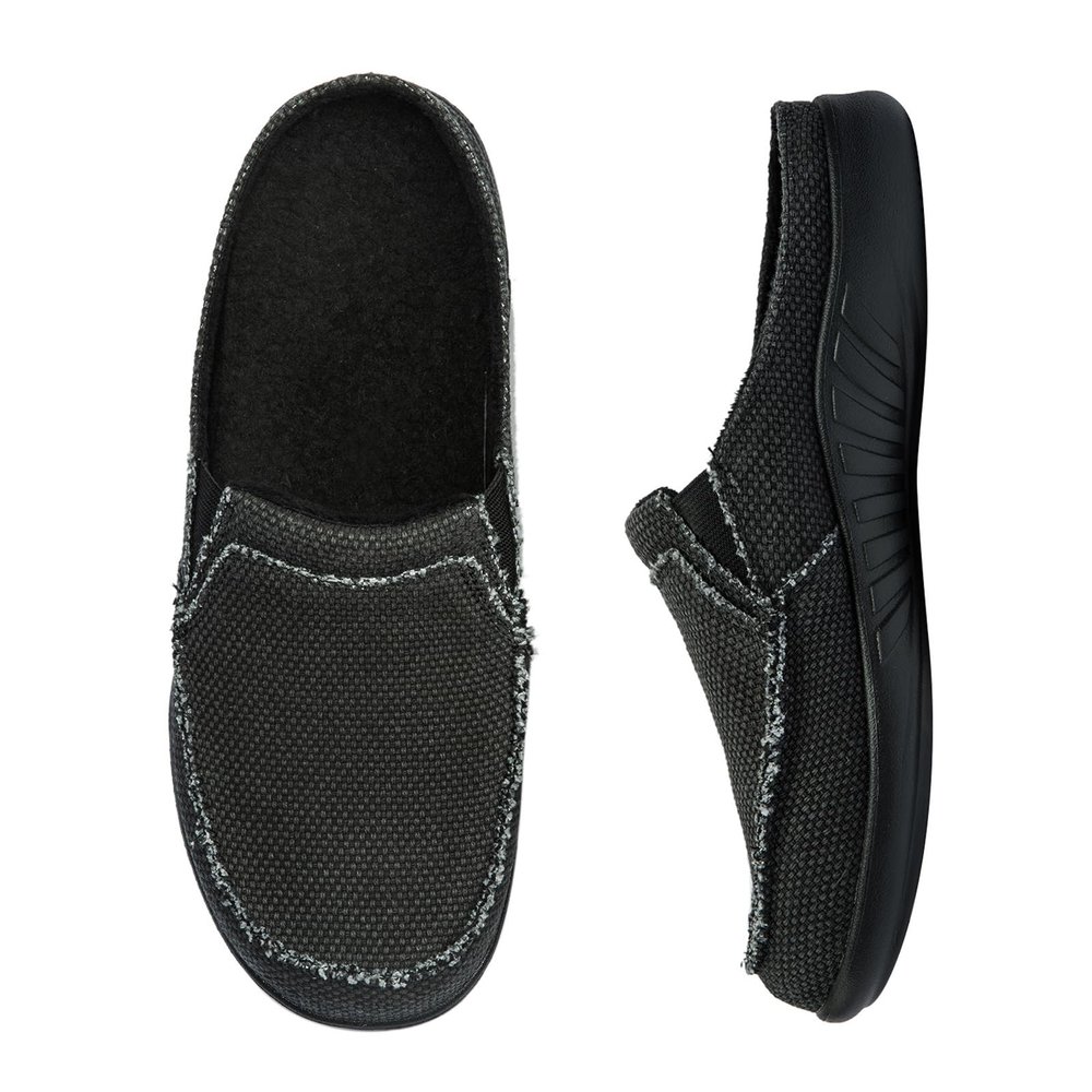 ADAX Plantar Fasciitis Slippers for Women with Arch Support,Wide Canvas Orthotic Slipper for Women with Fuzzy Wool Insole,Slip on Clog House Slipper with Indoor Outdoor Anti-Skid Rubber Sole Black 7