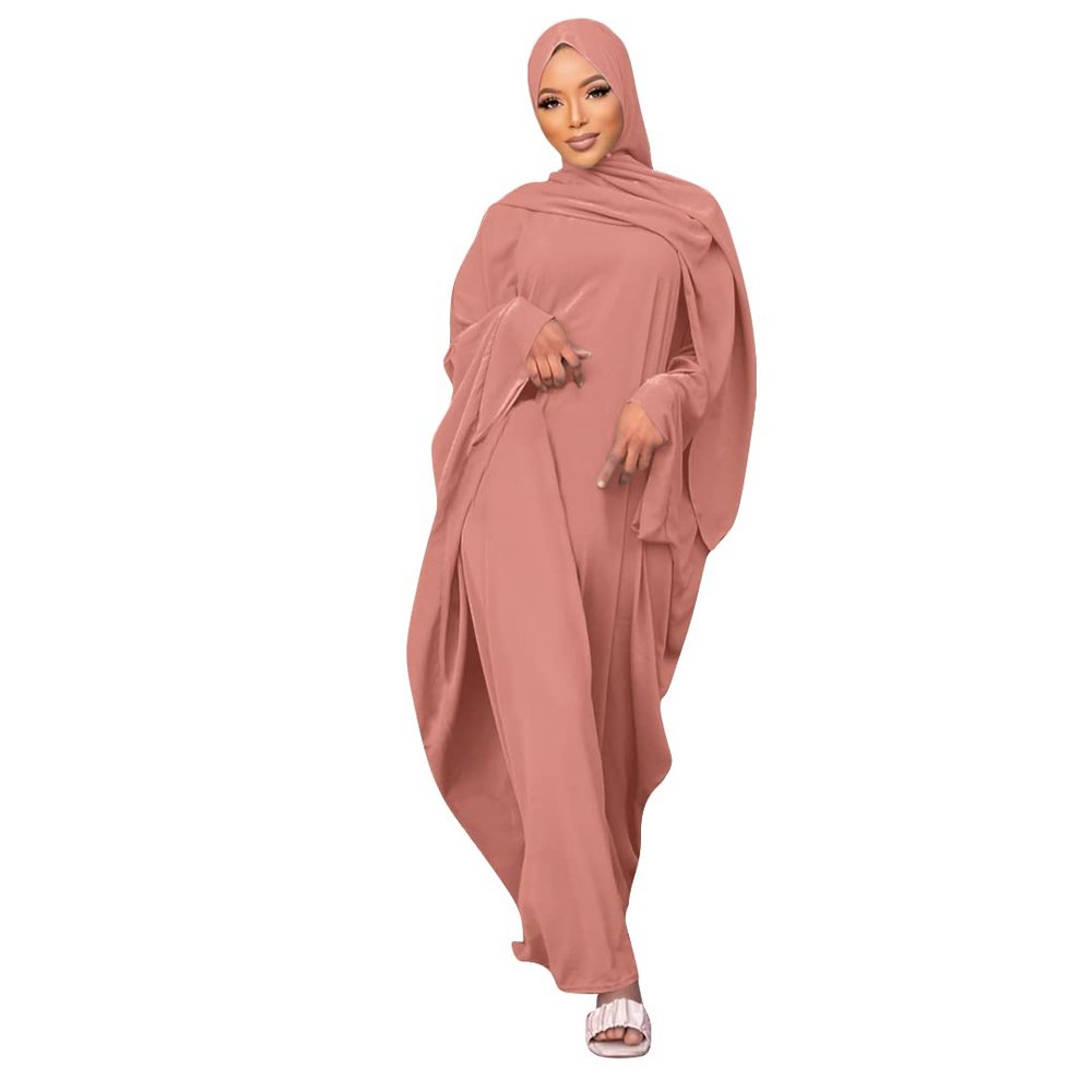Abayas for Women Muslim: Modest Eid Abaya Dress with Hijab Middle East Arabian Robe Conservative Maxi Kaftan Dubai Islamic Dresses Prayer Clothes Ramadan Outfit Formal Wedding Pink One Size
