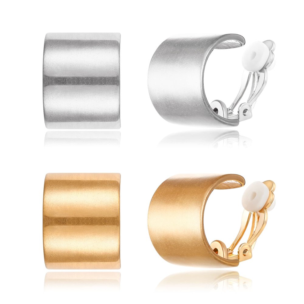 BriLove Matte Gold Silver 2 Pairs Clip-on Earrings Set Fashion Semicycle Statement Retro Drop Clip for Women Mom Gift