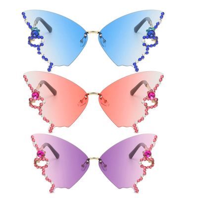 willochra 3pcs Diamond Butterfly Sunglasses Women Rimless Oversized Rhinestone bling Sun Glasses Ladies Y2K Eyewear (3pcs-blue&pink&purple)