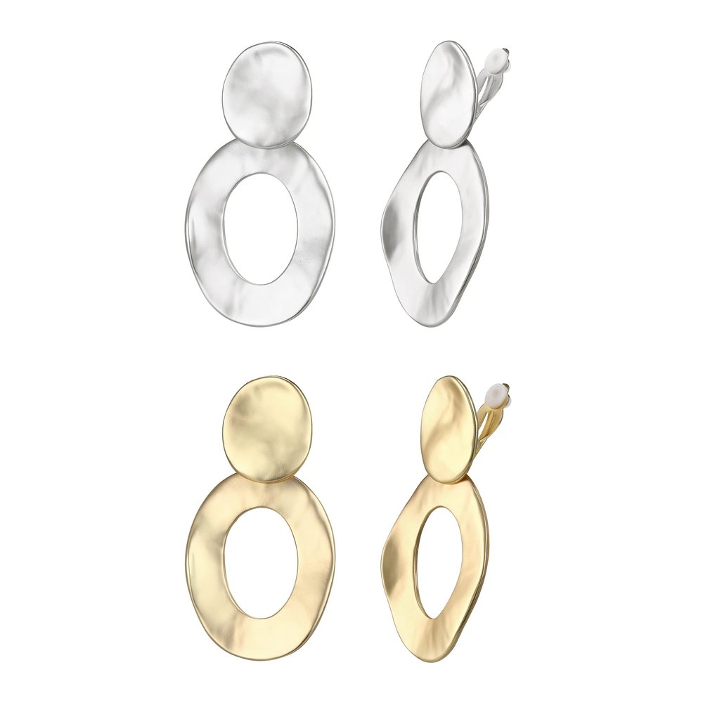 BriLove Matte Gold Silver 2 Pairs Clip-on Earrings Set Fashion Geometric Oval-Shape Statement Retro Drop Clip for Women Mom Gift