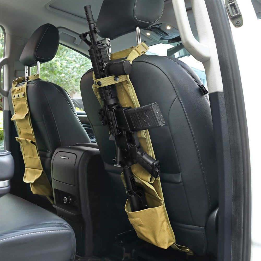 DEYACE 2PCS Automotive Gun Racks, Truck Front Seat Gun Organizer for Hunting Accessories, Gun Holder for Truck with Storage Pockets Tan