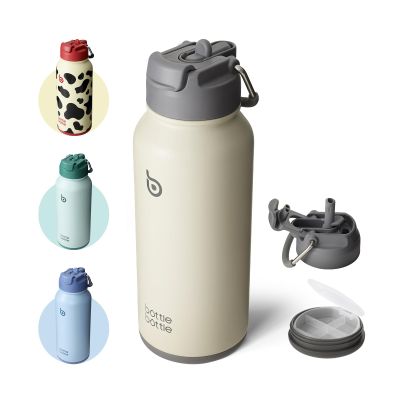 BOTTLE BOTTLE 32 oz Insulated Water Bottle Stainless Steel Sport Water Bottle with Straw Dual-use Lid Design for Gym with Pill Box (gray)
