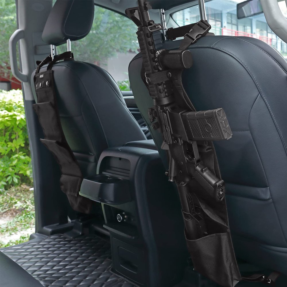 DEYACE 2PCS Automotive Gun Racks, Truck Front Seat Gun Organizer for Hunting Accessories, Gun Holder for Truck with Storage Pockets,Black