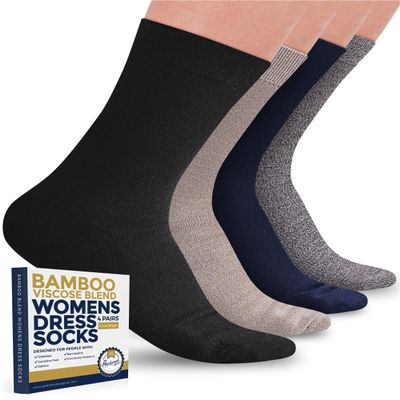 Pembrook Bamboo Viscose Dress Socks Women - 4 Pairs Crew Thin Socks Women | Dress Socks Women | Above Ankle Socks Women | Moisture Wicking Navy Blue Socks for Women | Black, Navy, Beige, Brown