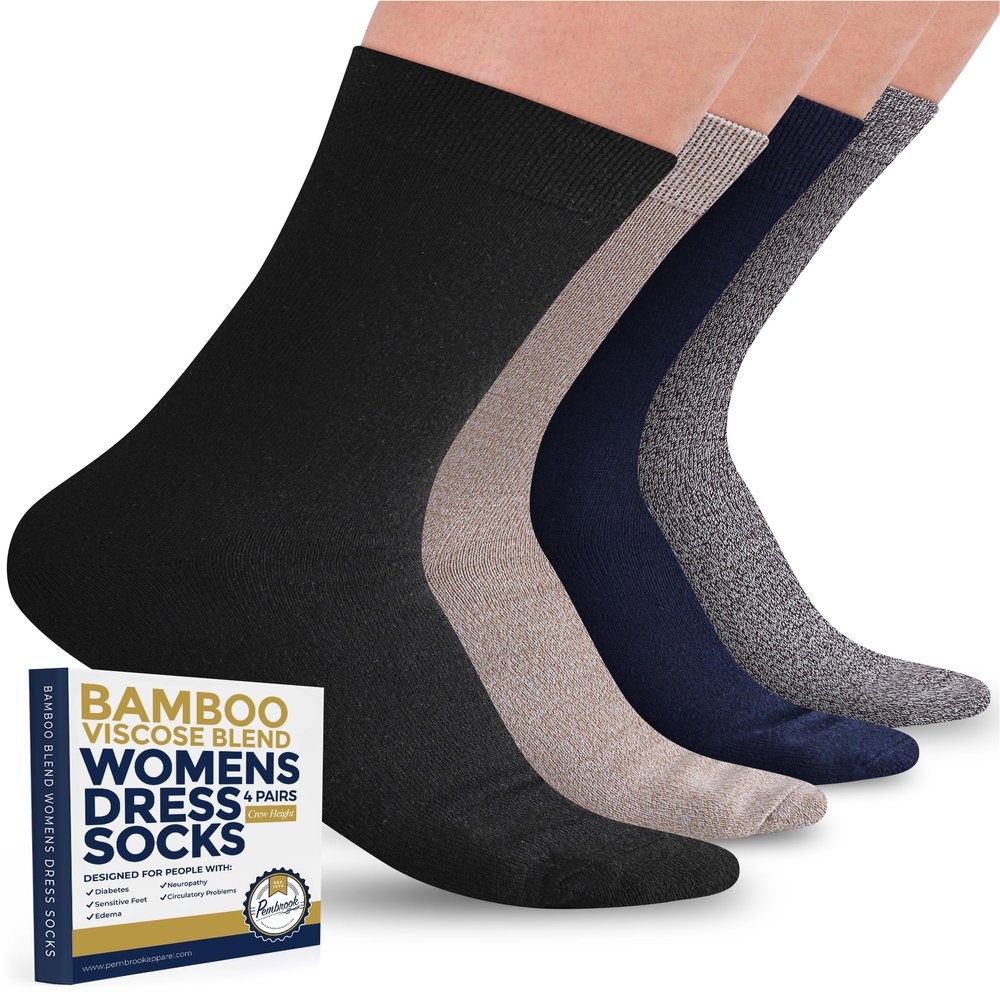 Pembrook Bamboo Viscose Dress Socks Women - 4 Pairs Crew Thin Socks Women | Dress Socks Women | Above Ankle Socks Women | Moisture Wicking Navy Blue Socks for Women | Black, Navy, Beige, Brown