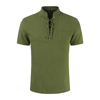 JEsilunmaMY Men's Lace Up Cotton Linen T-Shirts Short Sleeve Stand Collar Pocket Hippie Shirt Loose Casual Beach Henley Tees (US Size L Asia XL,Army Green)