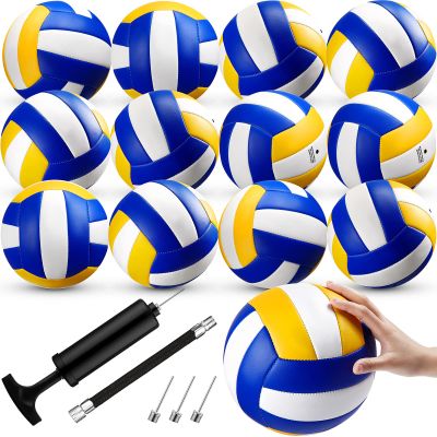 Wettarn 12 Pcs Official Size 5 Volleyballs Bulk Soft Recreational Volleyballs with Pump Regulation Size for Beginner Indoor Outdoor Beach Gym Pool Sand Sport (Yellow,White,Blue)