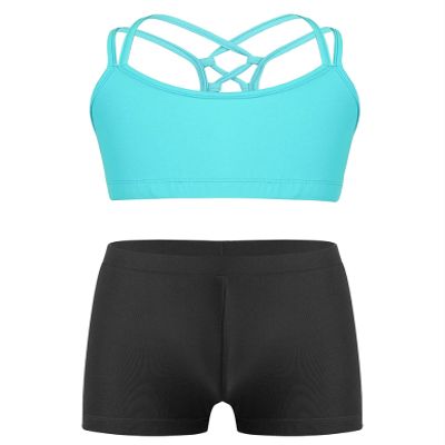 Nikiikoo Kids Girls 2Pcs Activewear Set Gymnastics Dance Sports Bra Crop Tops and Booty Shorts Tankini Swimsuit Cyan 6 Years