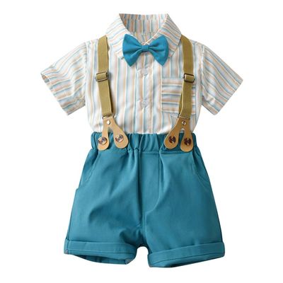 AWIBMK Baby Boys Plaid Stripe Gentleman Suits Bowtie Overalls Suspenders Shorts Pants Wedding Bearer Tuxedo Dress Baptism Outfits Cake Smash Formal Easter Christening Clothes Lake Blue 4-5Years