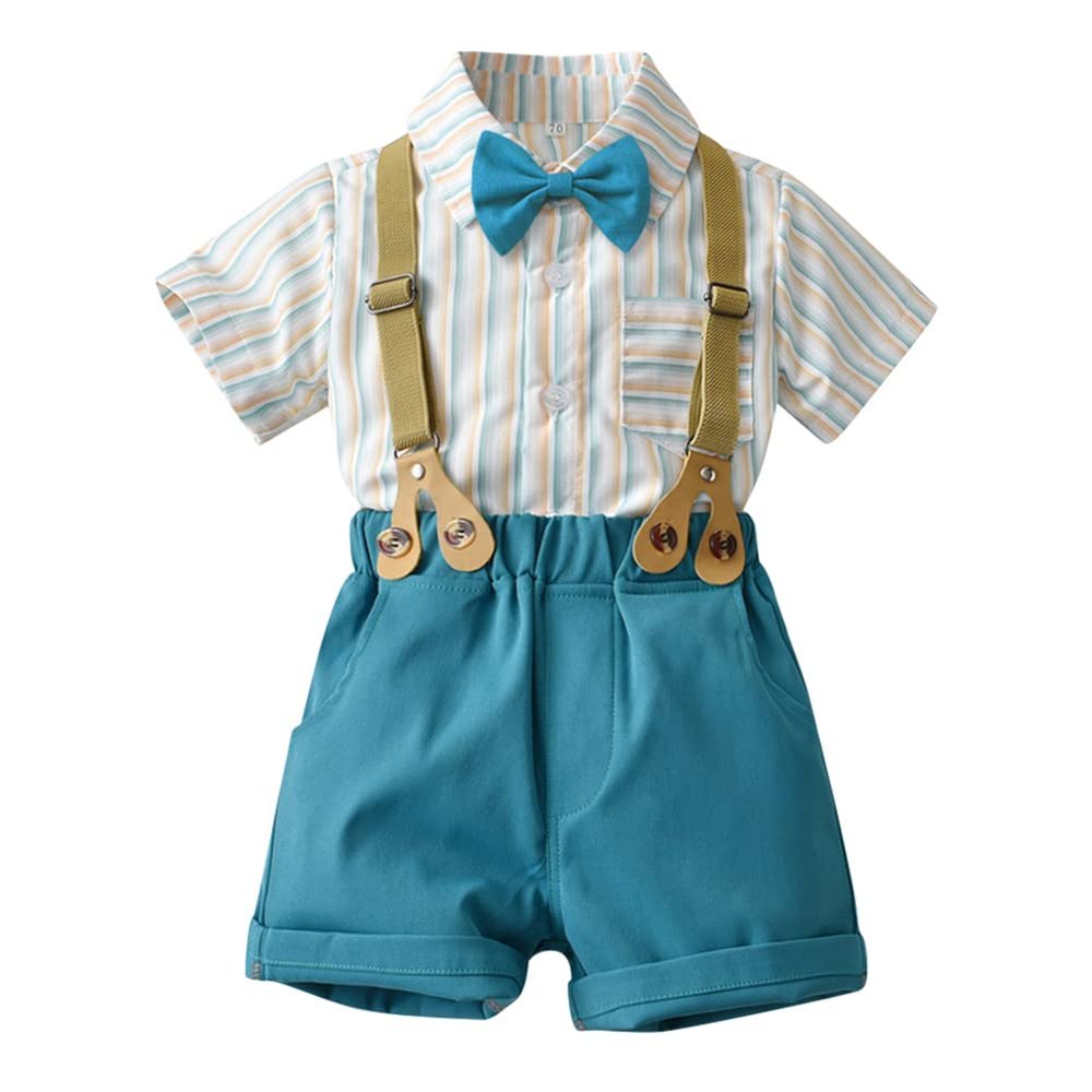 AWIBMK Baby Boys Plaid Stripe Gentleman Suits Bowtie Overalls Suspenders Shorts Pants Wedding Bearer Tuxedo Dress Baptism Outfits Cake Smash Formal Easter Christening Clothes Lake Blue 4-5Years