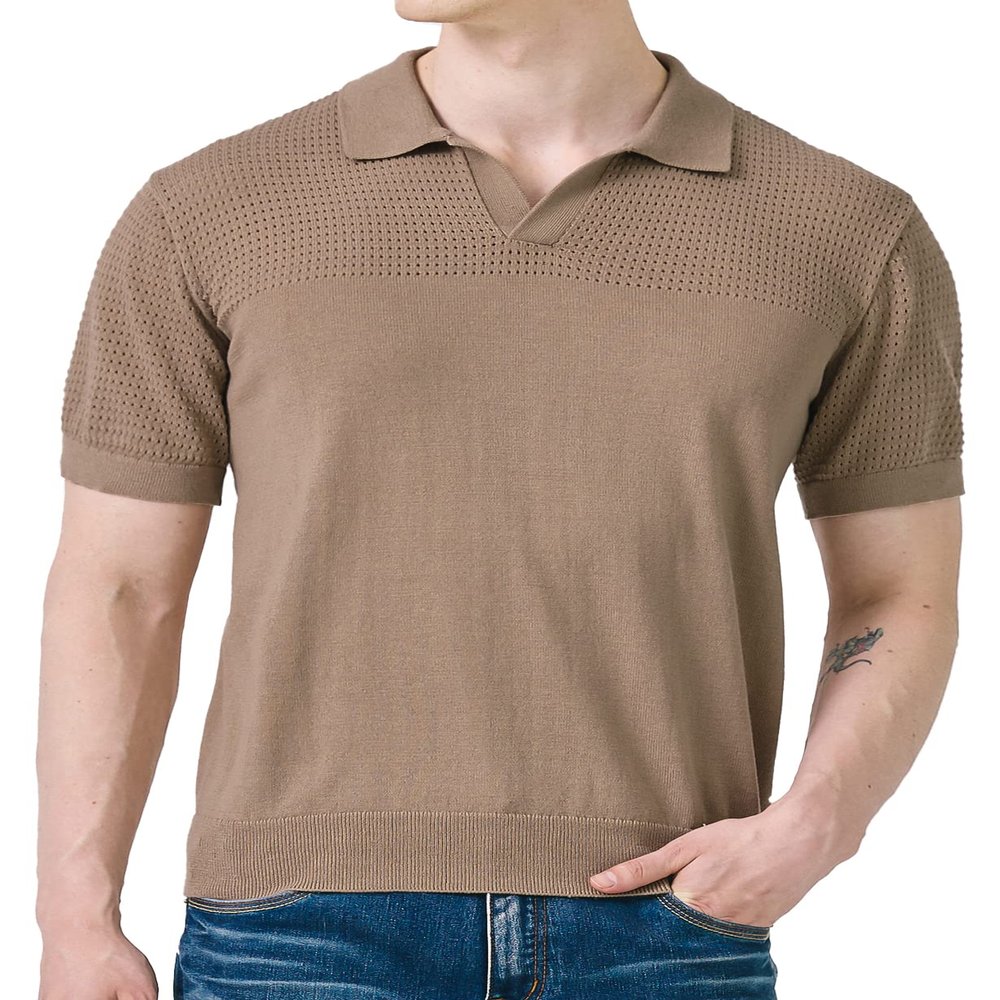 H2H Solid Mesh Summer Polo Sweater for Men Vintage Knit Golf Shirt Beige US M/Asia L (CMOSWS005)