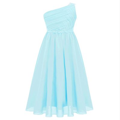 YONGHS Girls Chiffon One Shoulder Dresses Kids Ruched Pleated Wedding Bridesmaid Formal Flower Dress Light Blue 12 Years