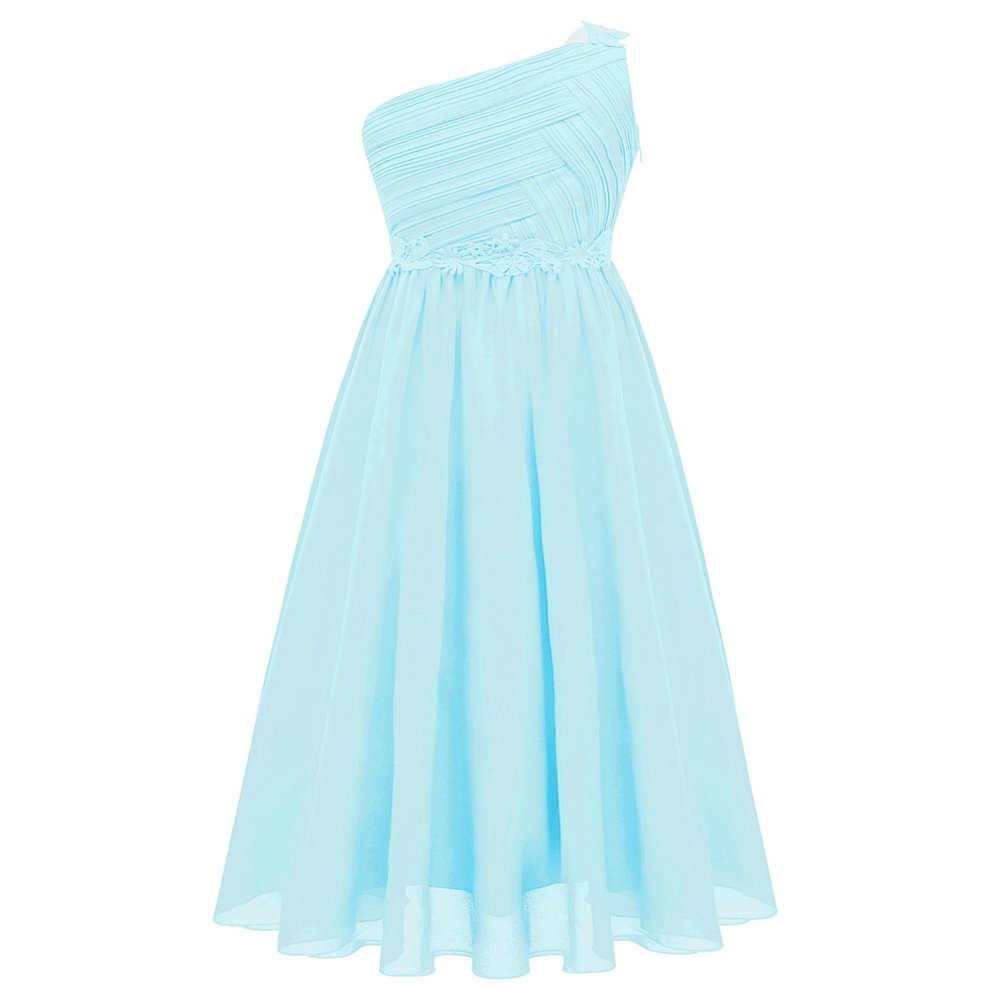 YONGHS Girls Chiffon One Shoulder Dresses Kids Ruched Pleated Wedding Bridesmaid Formal Flower Dress Light Blue 12 Years