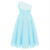 YONGHS Girls Chiffon One Shoulder Dresses Kids Ruched Pleated Wedding Bridesmaid Formal Flower Dress Light Blue 12 Years view 2