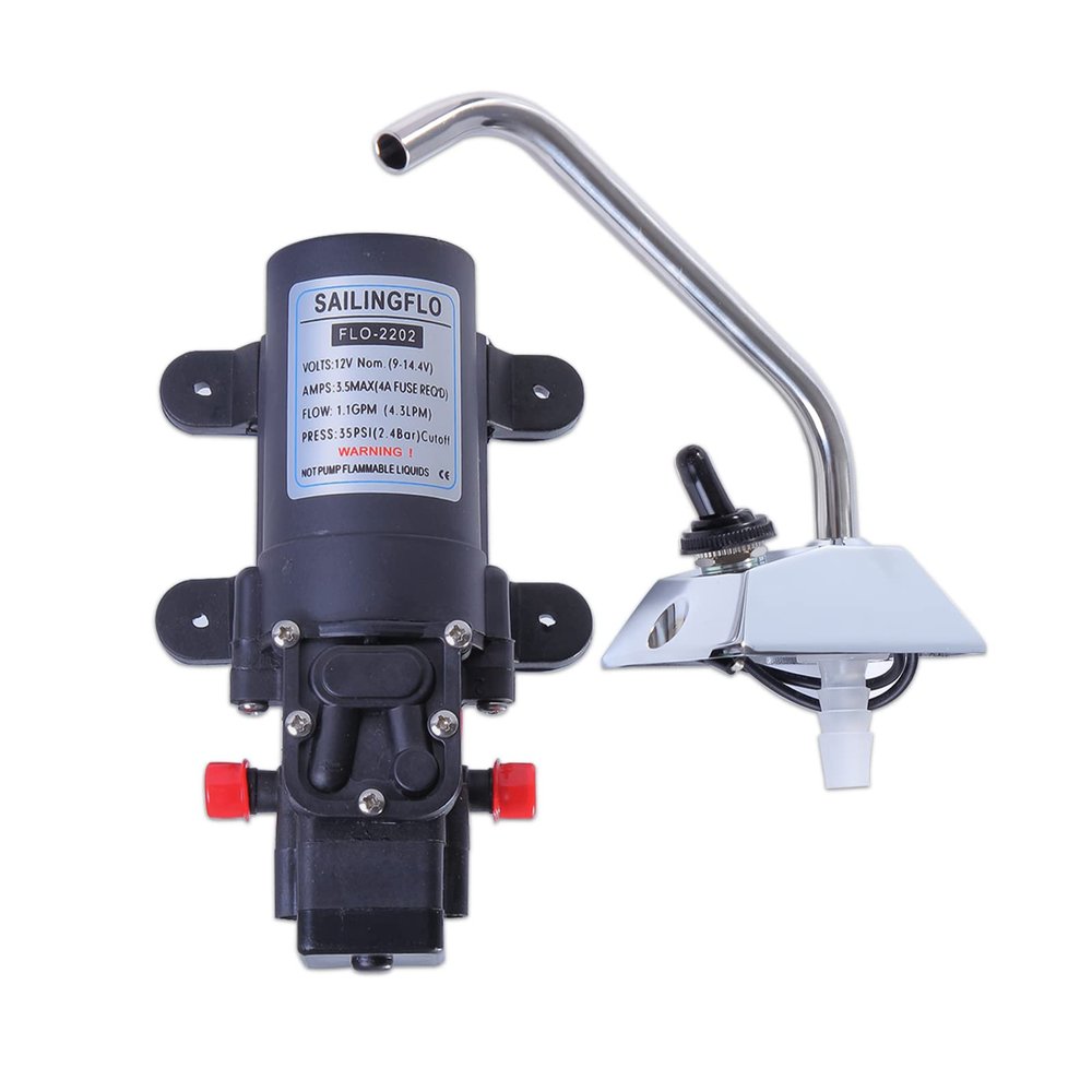 12V Water Pressure Diaphragm Pump Car Electric Water Pump 4.3 L/min 1.1 GPM 35 PSI with 360Spin Faucet/Tap for Caravan/rv/Boat/Marine/camper/outdoor/courtyard/restaurant/mall Black