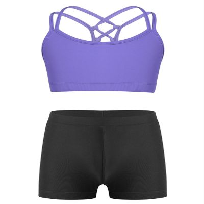 Nikiikoo Kids Girls 2Pcs Activewear Set Gymnastics Dance Sports Bra Crop Tops and Booty Shorts Tankini Swimsuit Lavender 8 Years