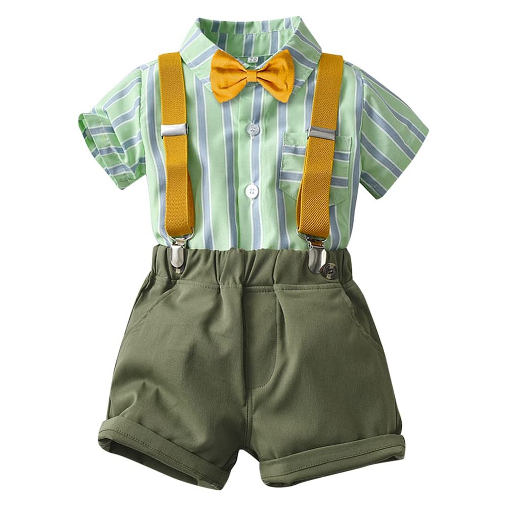 AWIBMK Baby Boys Plaid Stripe Gentleman Suits Bowtie Overalls Suspenders Shorts Pants Wedding Bearer Tuxedo Dress Baptism Outfits Cake Smash Formal Easter Christening Clothes Mint Green 12-18 Months