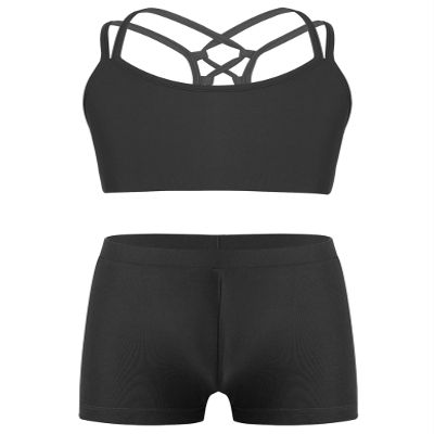 Nikiikoo Kids Girls 2Pcs Activewear Set Gymnastics Dance Sports Bra Crop Tops and Booty Shorts Tankini Swimsuit Black 6 Years