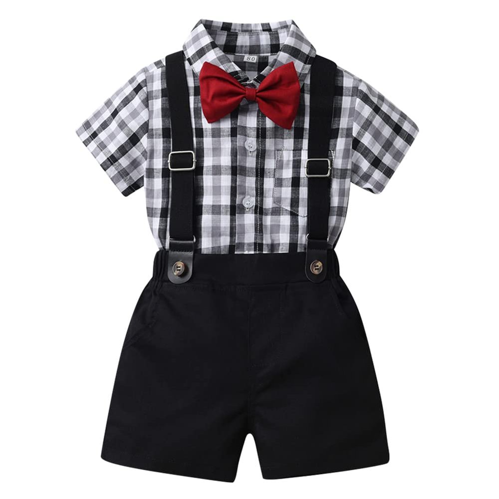 AWIBMK Baby Boys Plaid Stripe Gentleman Suits Bowtie Overalls Suspenders Shorts Pants Wedding Bearer Tuxedo Dress Baptism Outfits Cake Smash Formal Easter Christening Clothes Black Plaid 6-12 Months