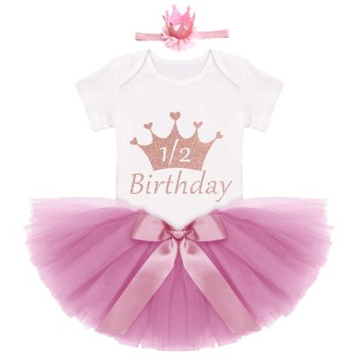 Baby girl Photoshoot Outfits, Infant Toddler 1/2 Birthday Cake Smash Outfit Princess Romper Bodysuit +Tutu Skirts +Crown Baby Shower Newborn Photography Clothes Set Dusty Pink 9-12 Months