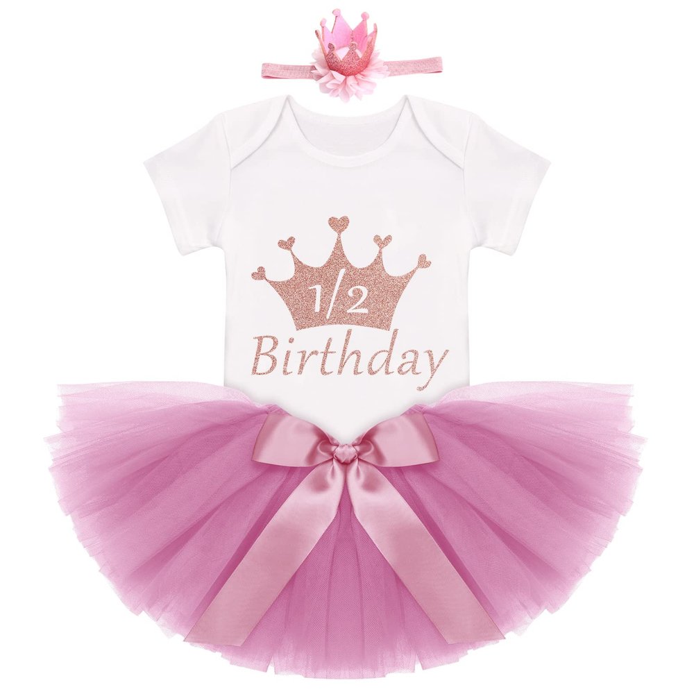 Baby girl Photoshoot Outfits, Infant Toddler 1/2 Birthday Cake Smash Outfit Princess Romper Bodysuit +Tutu Skirts +Crown Baby Shower Newborn Photography Clothes Set Dusty Pink 9-12 Months