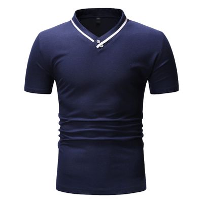 JEsilunmaMY Mens Short-Sleeved T-Shirt Decorated with V-Neck Buttons Summer Casual Muscle Tee Shirts Slim Fit Workout Shirts (US Size S Asia M,Dark Blue)