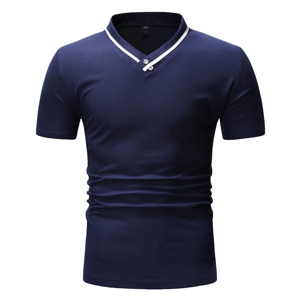 JEsilunmaMY Mens Short-Sleeved T-Shirt Decorated with V-Neck Buttons Summer Casual Muscle Tee Shirts Slim Fit Workout Shirts (US Size S Asia M,Dark Blue)