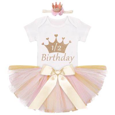 IBTOM CASTLE 1/2 Birthday Outfit Girl, Infant Toddler 1/2 Birthday Cake Smash Outfit Princess Romper Bodysuit +Tutu Skirts +Crown Baby Shower Newborn Photography Clothes Set Golden 3-6 Months