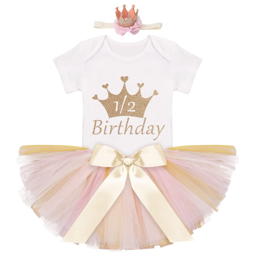 IBTOM CASTLE 1/2 Birthday Outfit Girl, Infant Toddler 1/2 Birthday Cake Smash Outfit Princess Romper Bodysuit +Tutu Skirts +Crown Baby Shower Newborn Photography Clothes Set Golden 3-6 Months