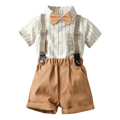 Baby Boys Plaid Stripe Gentleman Suits Bowtie Overalls Suspenders Shorts Pants Wedding Bearer Tuxedo Dress Baptism Outfits Cake Smash Formal Easter Christening Clothes Brown Stripe 18-24 Months