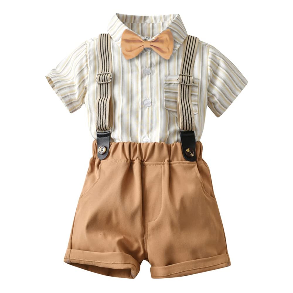 Baby Boys Plaid Stripe Gentleman Suits Bowtie Overalls Suspenders Shorts Pants Wedding Bearer Tuxedo Dress Baptism Outfits Cake Smash Formal Easter Christening Clothes Brown Stripe 18-24 Months