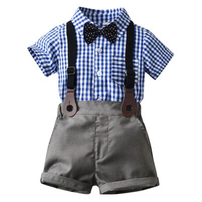 AWIBMK Baby Boys Plaid Stripe Gentleman Suits Bowtie Overalls Suspenders Shorts Pants Wedding Bearer Tuxedo Dress Baptism Outfits Cake Smash Formal Easter Christening Clothes Blue Plaid 4-5Years