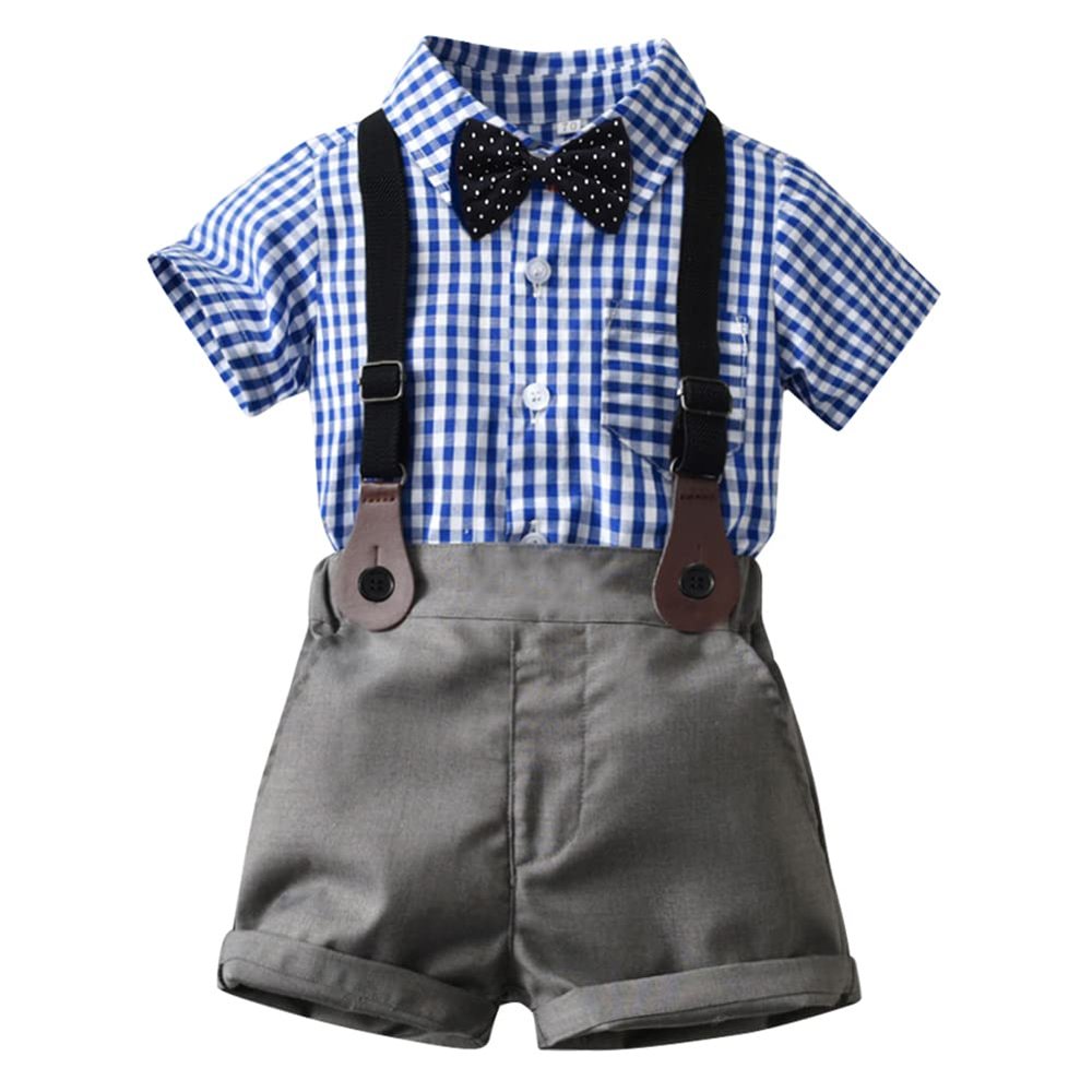 AWIBMK Baby Boys Plaid Stripe Gentleman Suits Bowtie Overalls Suspenders Shorts Pants Wedding Bearer Tuxedo Dress Baptism Outfits Cake Smash Formal Easter Christening Clothes Blue Plaid 4-5Years