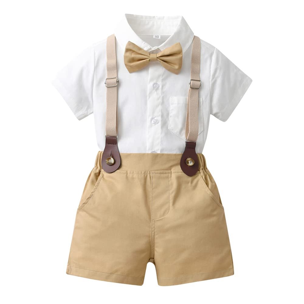 AWIBMK Baby Boys Plaid Stripe Gentleman Suits Bowtie Overalls Suspenders Shorts Pants Wedding Bearer Tuxedo Dress Baptism Outfits Cake Smash Formal Easter Christening Clothes White & khaki 4-5Years