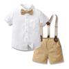 AWIBMK Baby Boys Plaid Stripe Gentleman Suits Bowtie Overalls Suspenders Shorts Pants Wedding Bearer Tuxedo Dress Baptism Outfits Cake Smash Formal Easter Christening Clothes White & khaki 4-5Years view 3