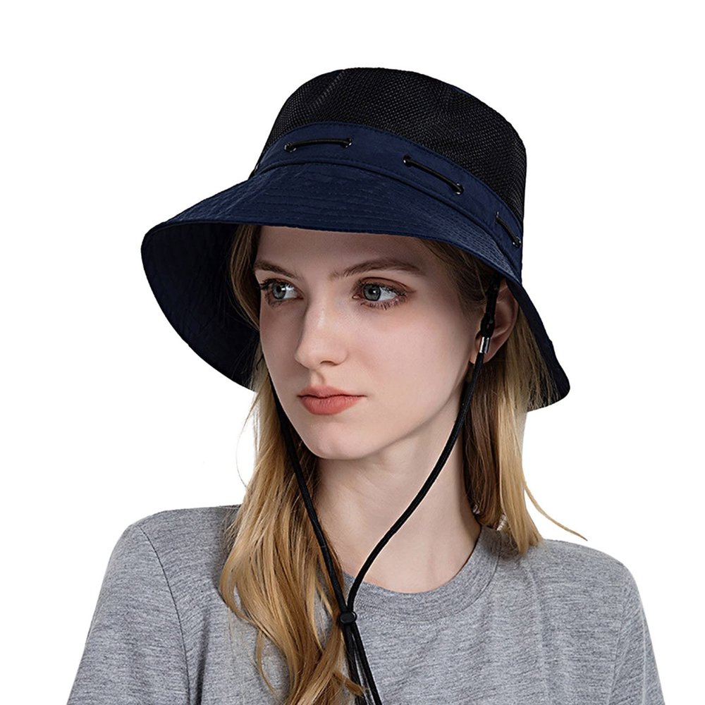 Women and Men Cotton Bucket Hat Casual Wide Brim Mesh Sun Hats Unisex Summer Travel Beach Fisherman Cap (Navy, One Size)