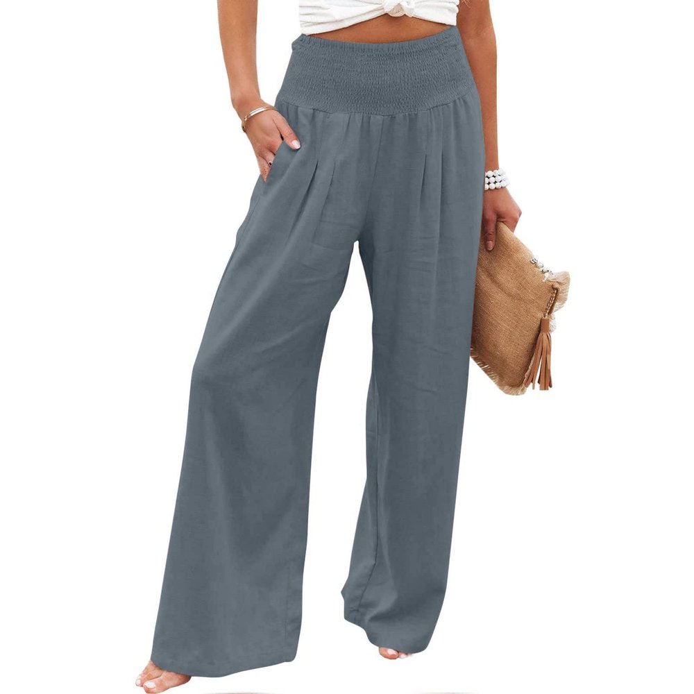 XUNRYAN Women's Cotton Linen Wide Leg Pants Summer Casual High Waisted Boho Palazzo Pants Baggy Lounge Trousers w Pockets