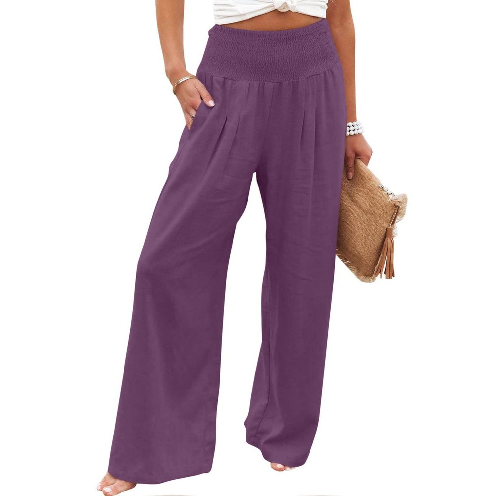 XUNRYAN Women's Cotton Linen Wide Leg Pants Summer Casual High Waisted Boho Palazzo Pants Baggy Lounge Trousers w Pockets