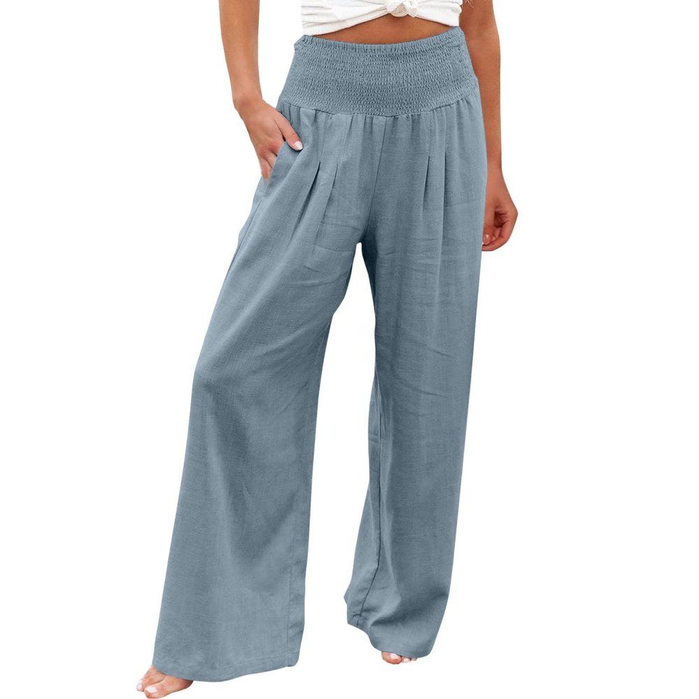 XUNRYAN Women's Cotton Linen Wide Leg Pants Summer Casual High Waisted Boho Palazzo Pants Baggy Lounge Trousers w Pockets