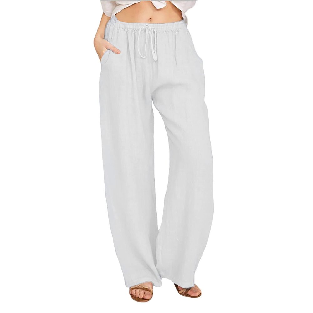 XUNRYAN Women's Cotton Linen Wide Leg Pants Summer Casual High Waisted Boho Palazzo Pants Baggy Lounge Trousers w Pockets