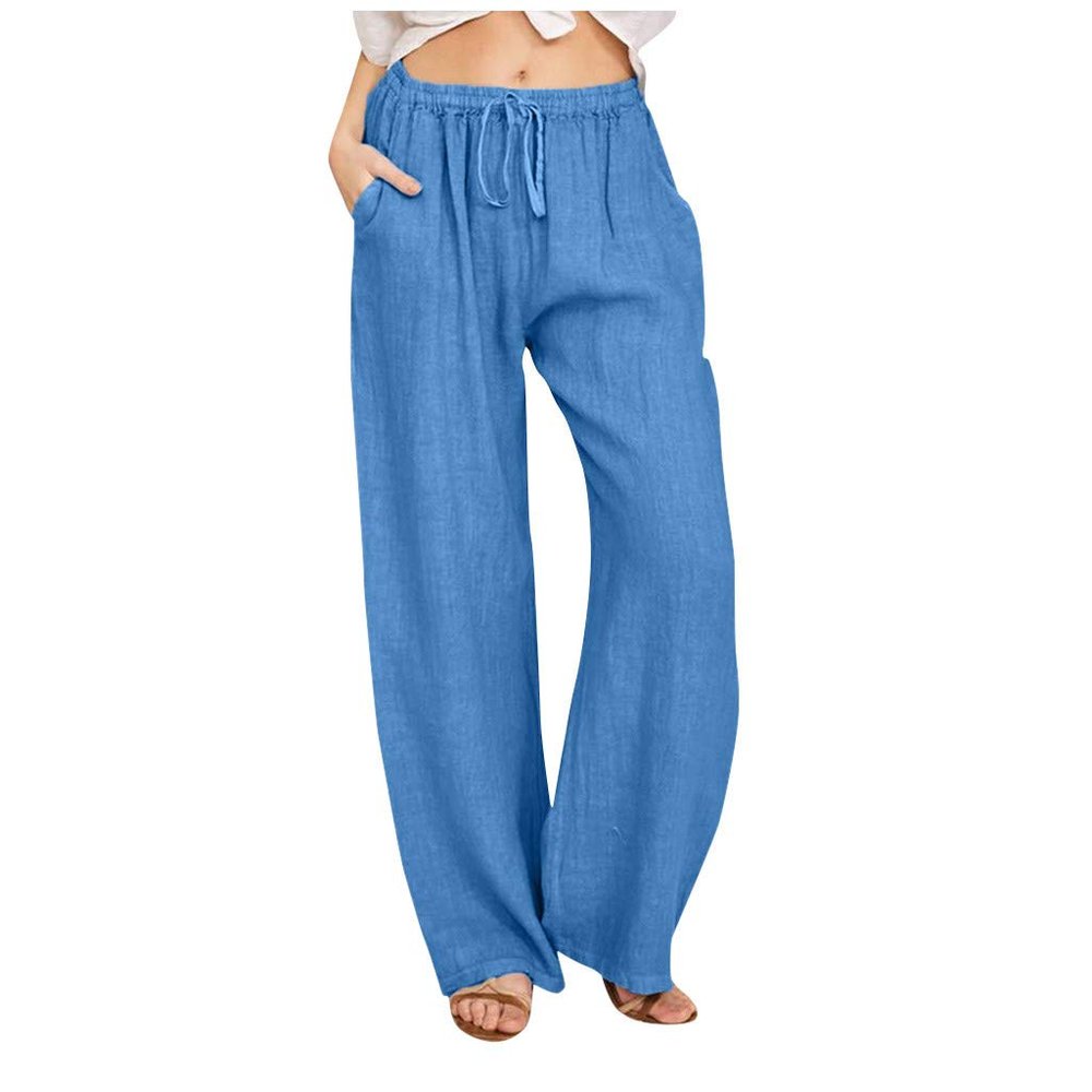 XUNRYAN Women's Cotton Linen Wide Leg Pants Summer Casual High Waisted Boho Palazzo Pants Baggy Lounge Trousers w Pockets