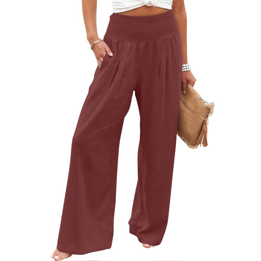 XUNRYAN Women's Cotton Linen Wide Leg Pants Summer Casual High Waisted Boho Palazzo Pants Baggy Lounge Trousers w Pockets