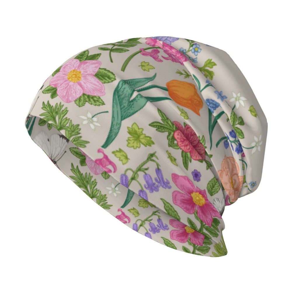 FINOWIN Vintage Roses Butterflies Beige Slouchy Beanie Cap Winter Warm Knitted Skull Cap Beanie Dwarf Hat Headgear Gifts for Men Women