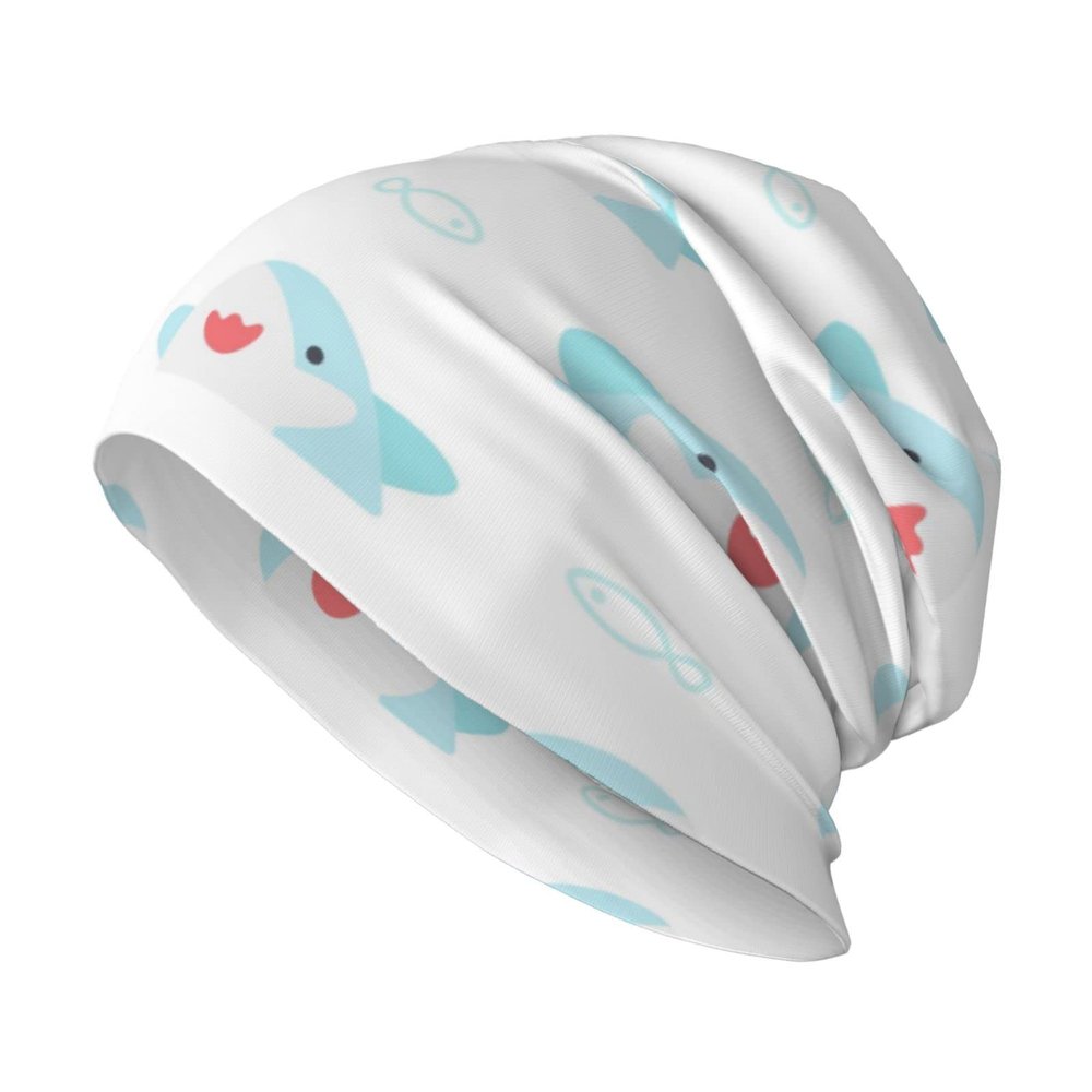 Cute Kawaii Shark and Fish White Slouchy Beanie Hat Cancer Headwear Knitted Skull Cap Headgear Gifts for Men Women Girls Boys