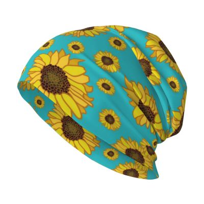 FINOWIN Yellow Sunflowers Blue Baggy Slouchy Beanie Hat Cancer Headwear Knitted Skull Cap Turban Hat Headgear Gifts for Men Women Teenager