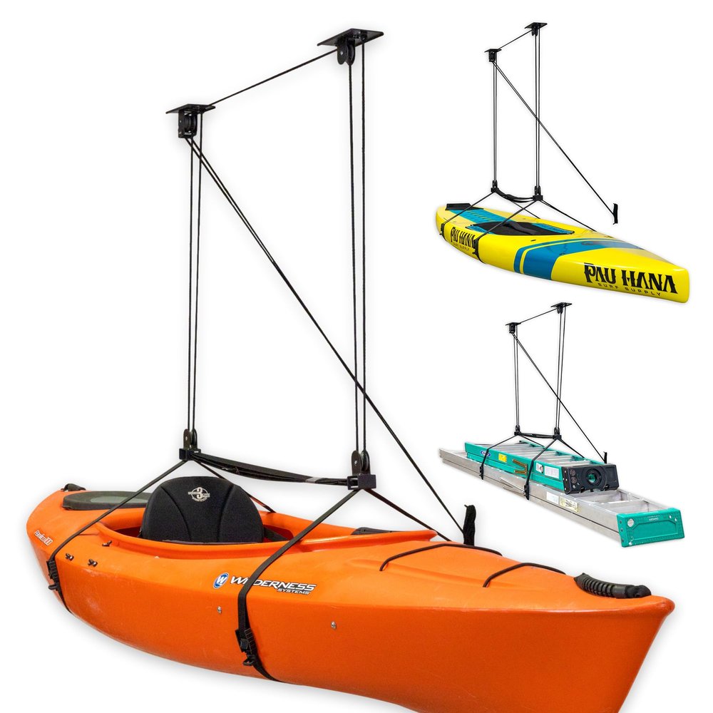 StoreYourBoard Kayak and Canoe Ceiling Hoist  Overhead Garage Storage Rack for Kayaks, Canoes, and Paddle Gear  Heavy Duty Pulley System Indoor Ceiling Mount  Holds 150 lbs, 8 to 10 ft High Spaces