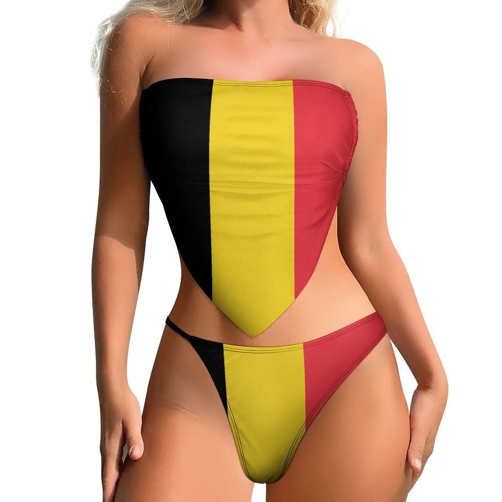Linkasi Belgium Flag Women's Sexy Open Back Thong Bikini Ties Side Bottom Triangle Bikini Swimsuit L