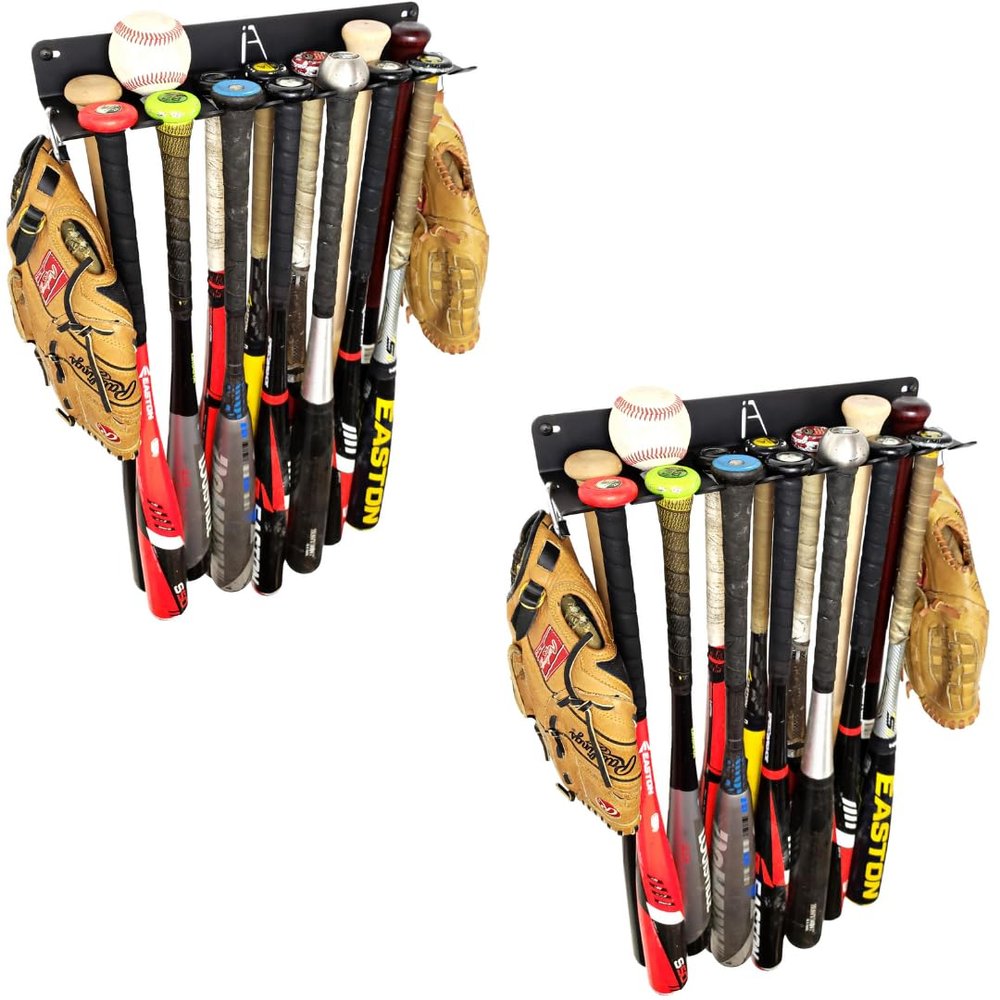 IRON AMERICAN Baseball Bat Storage Rack - Wall Mounted - Holds 14 Bats - Bat Organizer for Dugout or Home - 16.75" x 4.3" x 2" - Hangs Bats, Gloves, Bags & Balls - Made in USA - Hardware Incl. - 2pk