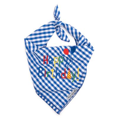 THE WORTHY DOG Classic Tie-Ir Dog Bandana  Soft Cotton Flannel Square Pet Bandana, Happy Birthday Pattern, Blue, Large
